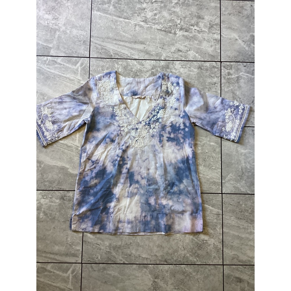 Soft Surroundings Blue Tie Dye Embroidered Cotton Tunic Top Womens Small 29073